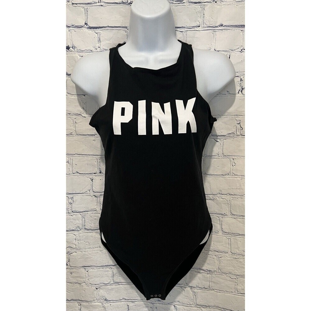 Victoria's Secret Womens Teddy Bodysuit Black Sleeveless Crew Neck Logo Small